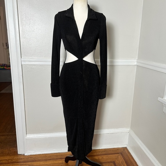 Runaway Stretchy Black Maxi Dress Cutouts Long Sleeves Collared Preppy - Picture 3 of 17